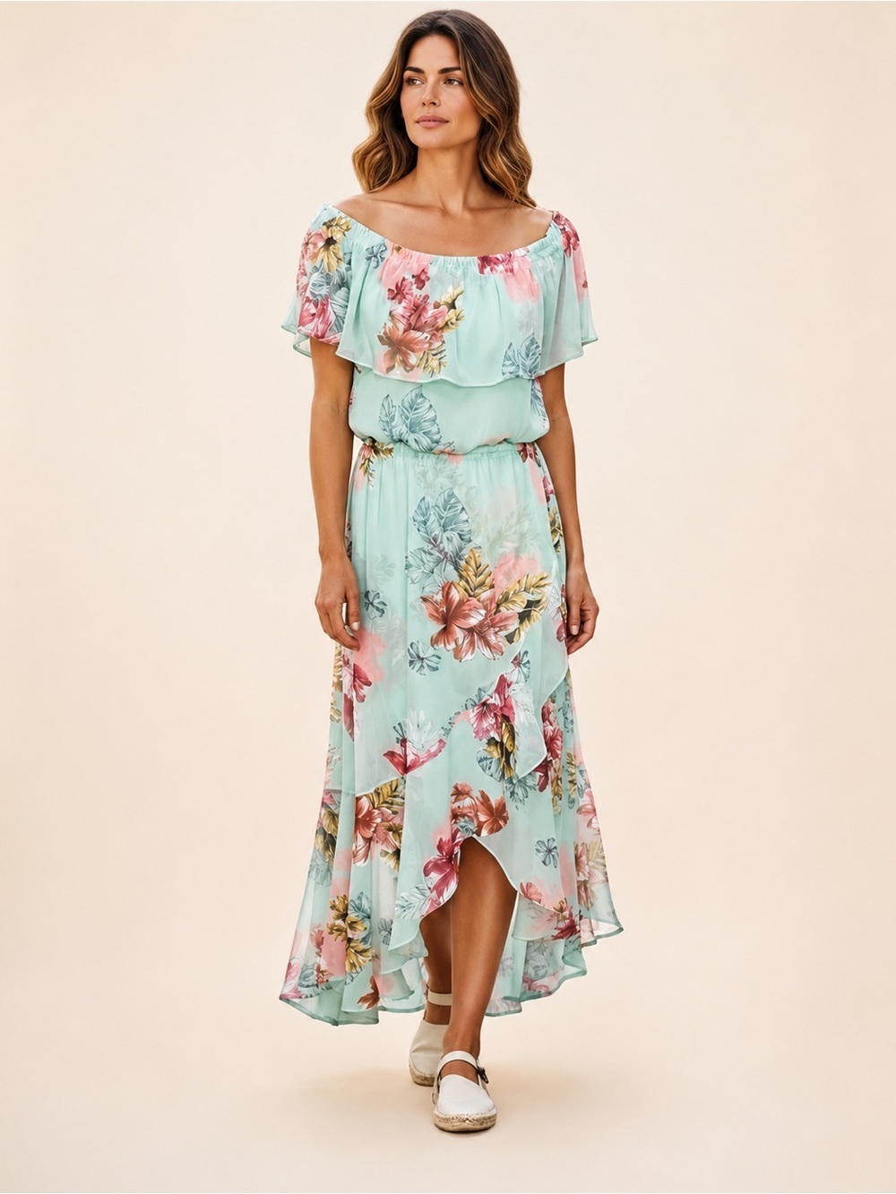 Express Mint Green Floral Print Creped Chiffon HighLow Maxi Dress Size XS